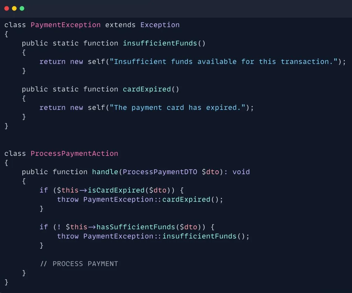 Совет по PHP/Laravel 🚀

Когда у вас есть два случая для кастомных исключений, относящихся к одному 