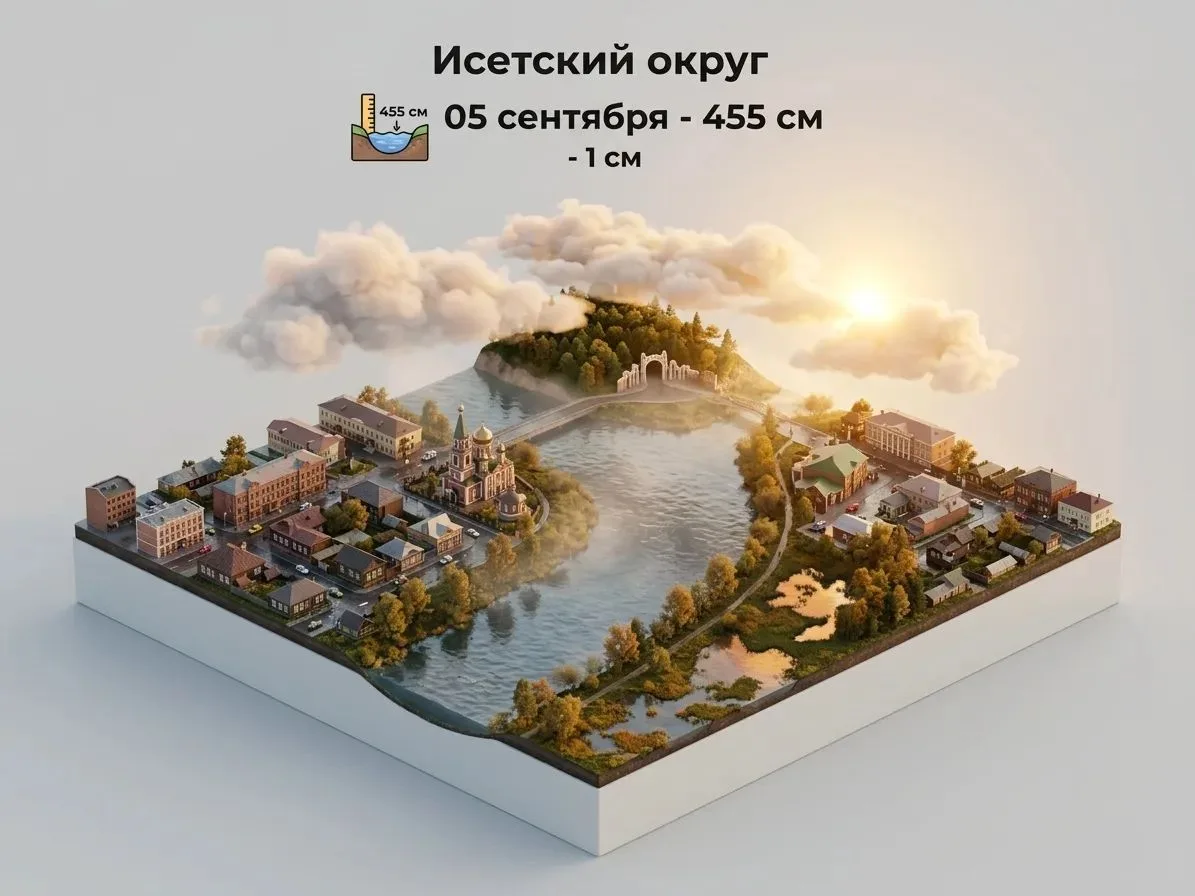 Уровень воды в реке Исеть на 05 сентября 2026г. составляет 455 см - 1 см за сутки.