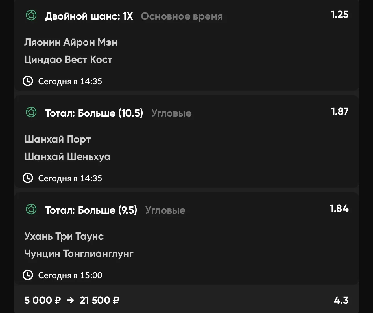 Экспресс №1 ⚽️

1️⃣ Двойной шанс: 1Х❌
🏟 Ляонин Айрон Мэн — Циндао Вест Кост

2️⃣ Тотал угловых: Бол