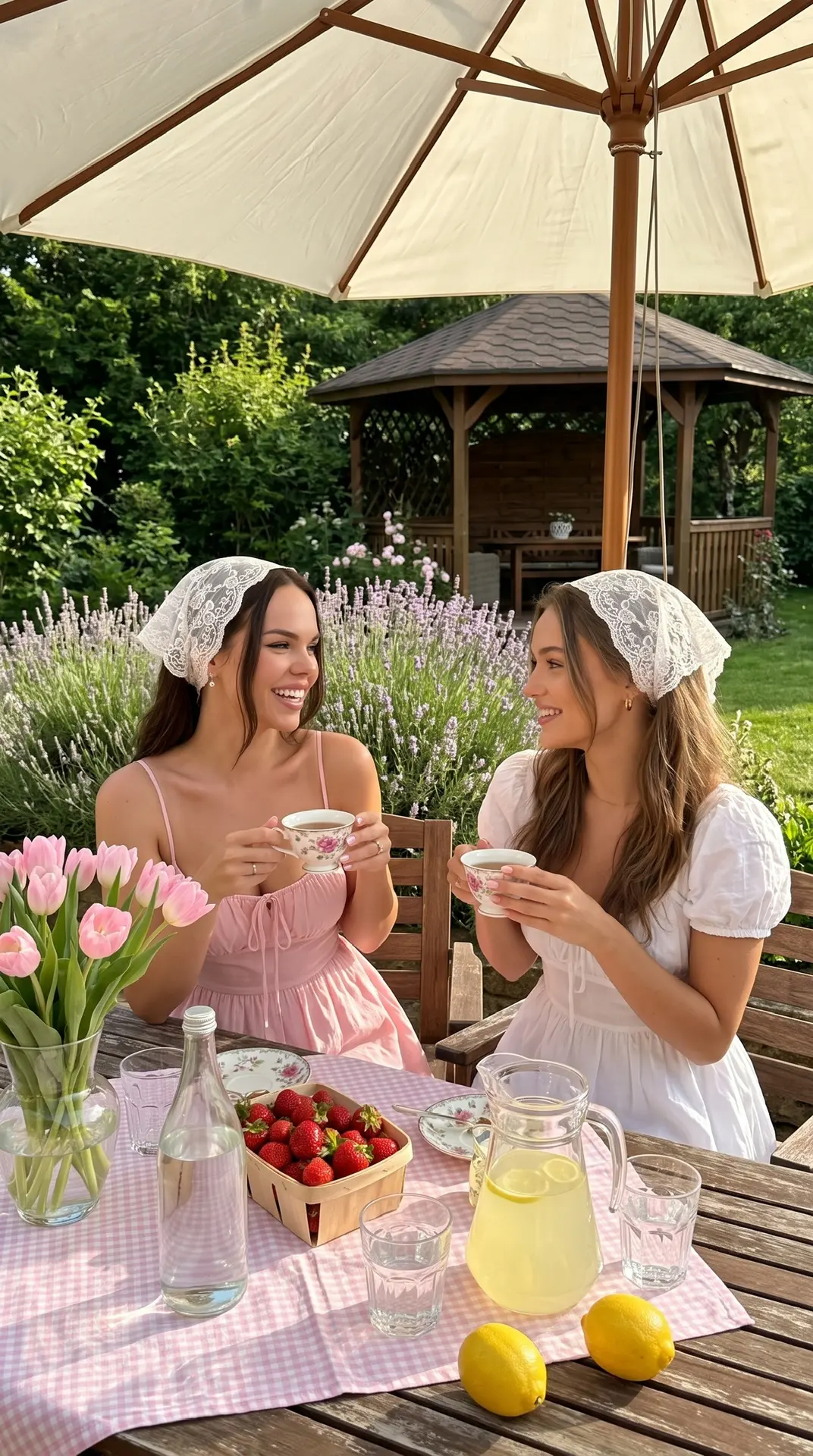 Фотореалистичная lifestyle-фотография двух молодых женщин, сидящих за деревянным столом на солнечной