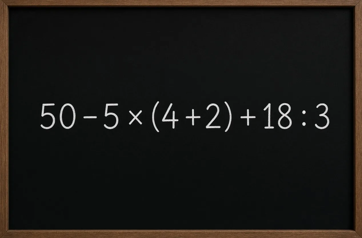 Математический тест на логику: реши пример 50 — 5 × (4 + 2) + 18 : 3
