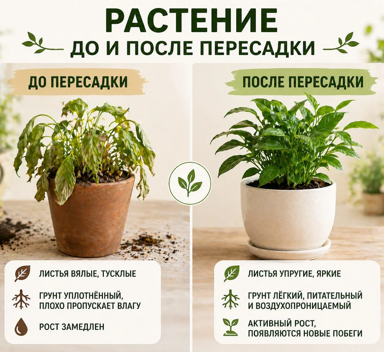✅ Растение до и после пересадки

Пересадка часто даёт заметный результат уже через время. В свежем г