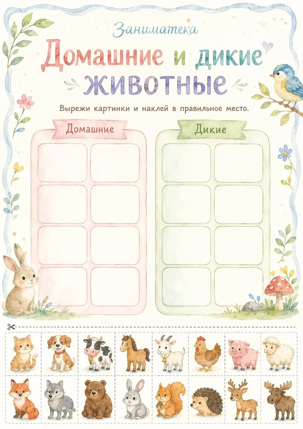 Рабочий лист "Домашние и дикие животные" 
на сортировку, классификацию, развитие речи, внимания и ме