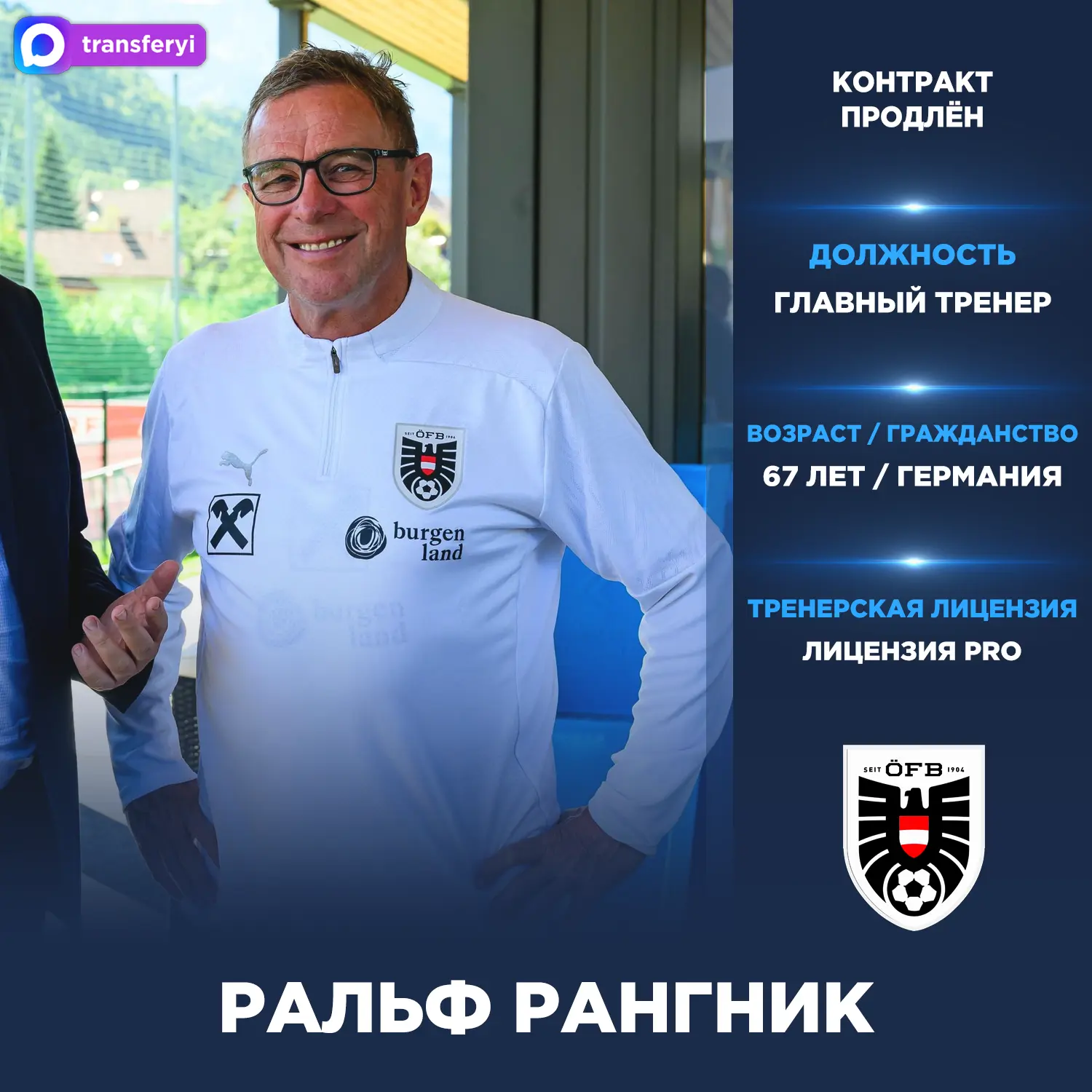 Официально: Главный тренер Ральф Рангник продлил контракт со сборной Австрии до лета 2028 года.