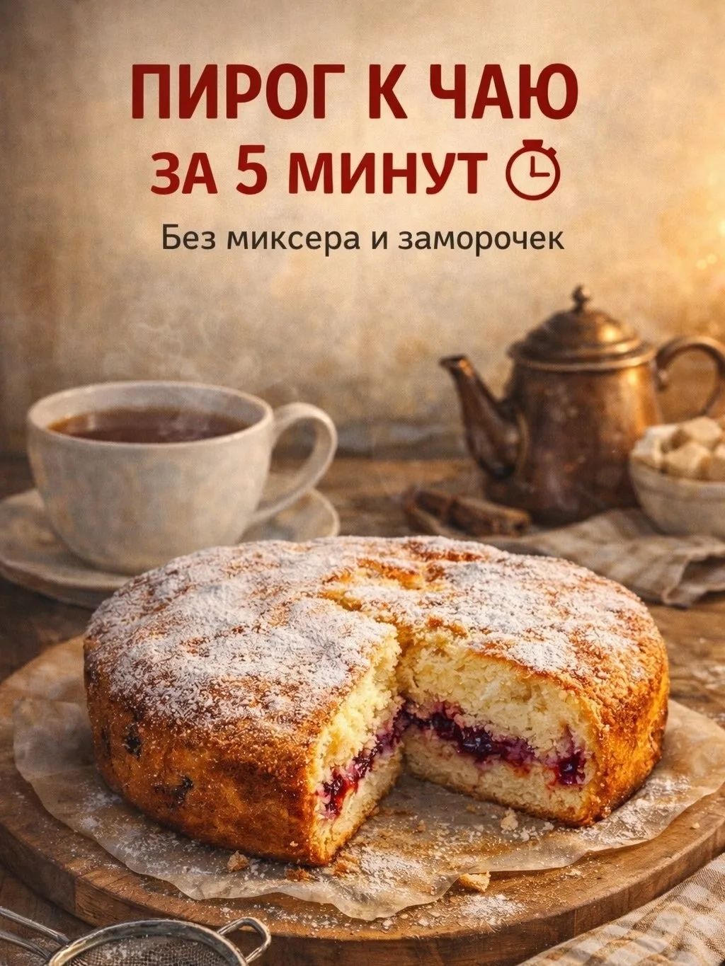 ПИРОГ К ЧАЮ ЗА 5 МИНУТ

Если гости на пороге или хочется чего-то домашнего — этот рецепт выручит

ИН