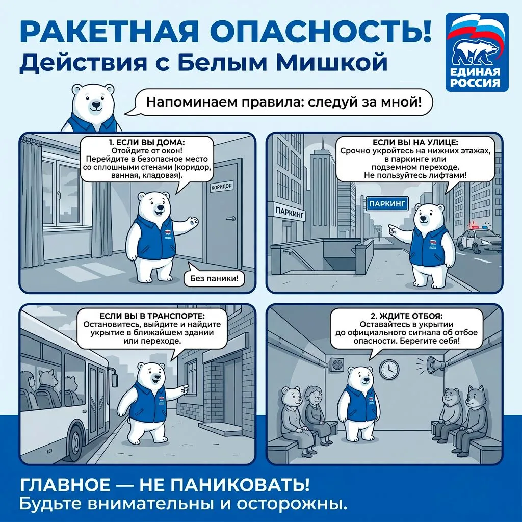 Что делать при ракетной опасности? 

🐻‍❄️ Наш Белый Мишка расскажет, как нужно действовать. 

 Если