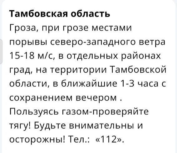 ⛈ На Тамбовщину надвигаются гроза, град и ветер до 18 м/с