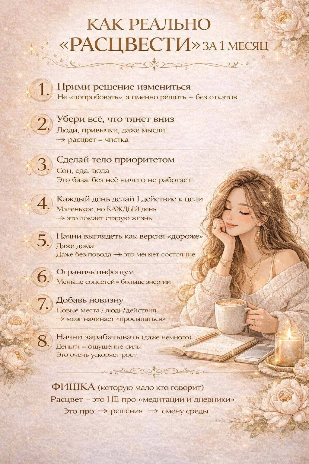 🌿 Как за месяц расцвести

Расцвет — это не резкая перемена. 
Это тихое возвращение к себе.

🌱 Неде