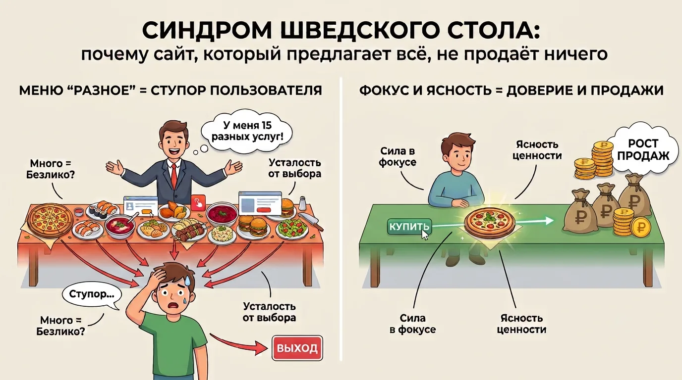Синдром шведского стола: почему сайт, который предлагает всё, не продаёт ничего