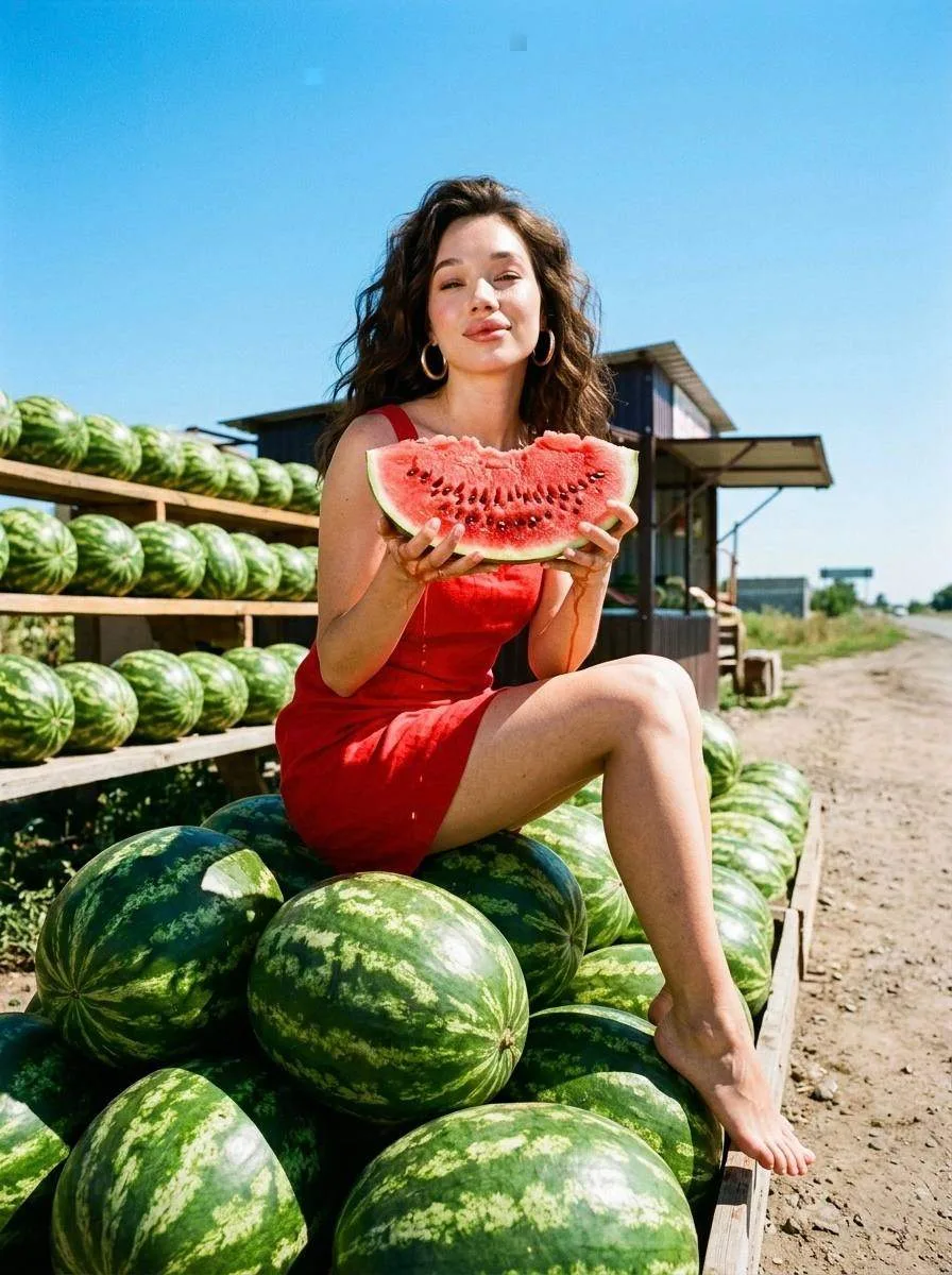 🍉 Лето, арбузы у дороги, красное платье — самый сочный кадр этого лета 🔥