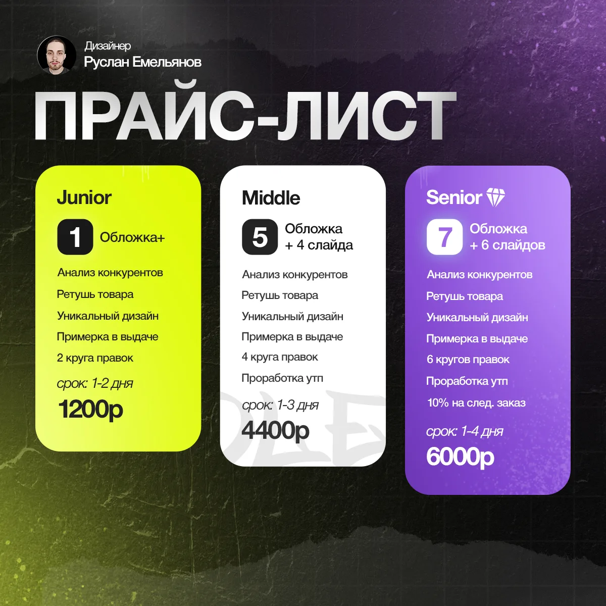 ➕Прайс-лист

Давай вместе увеличим твои продажи!

—Обложка — 1200₽

 —Доп. слайд — 800₽ 

—Адаптация