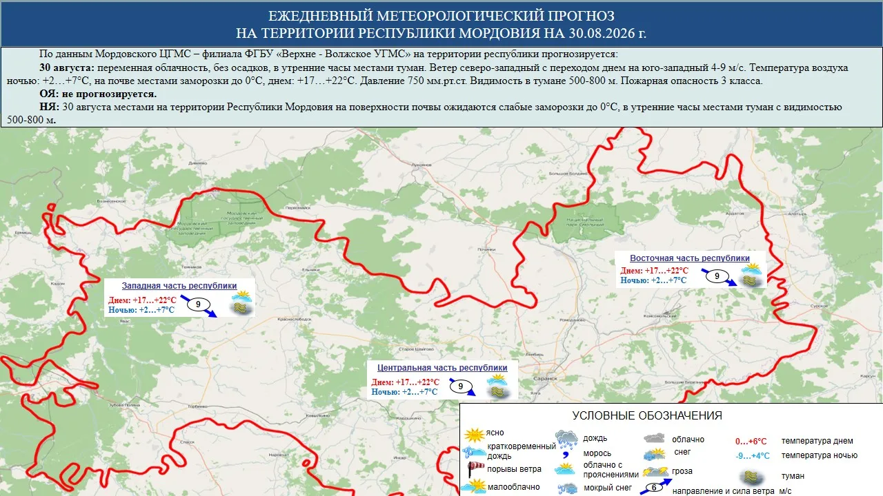 ⛅ 30 августа в Мордовии переменная облачность, без осадков, в утренние часы местами тум...