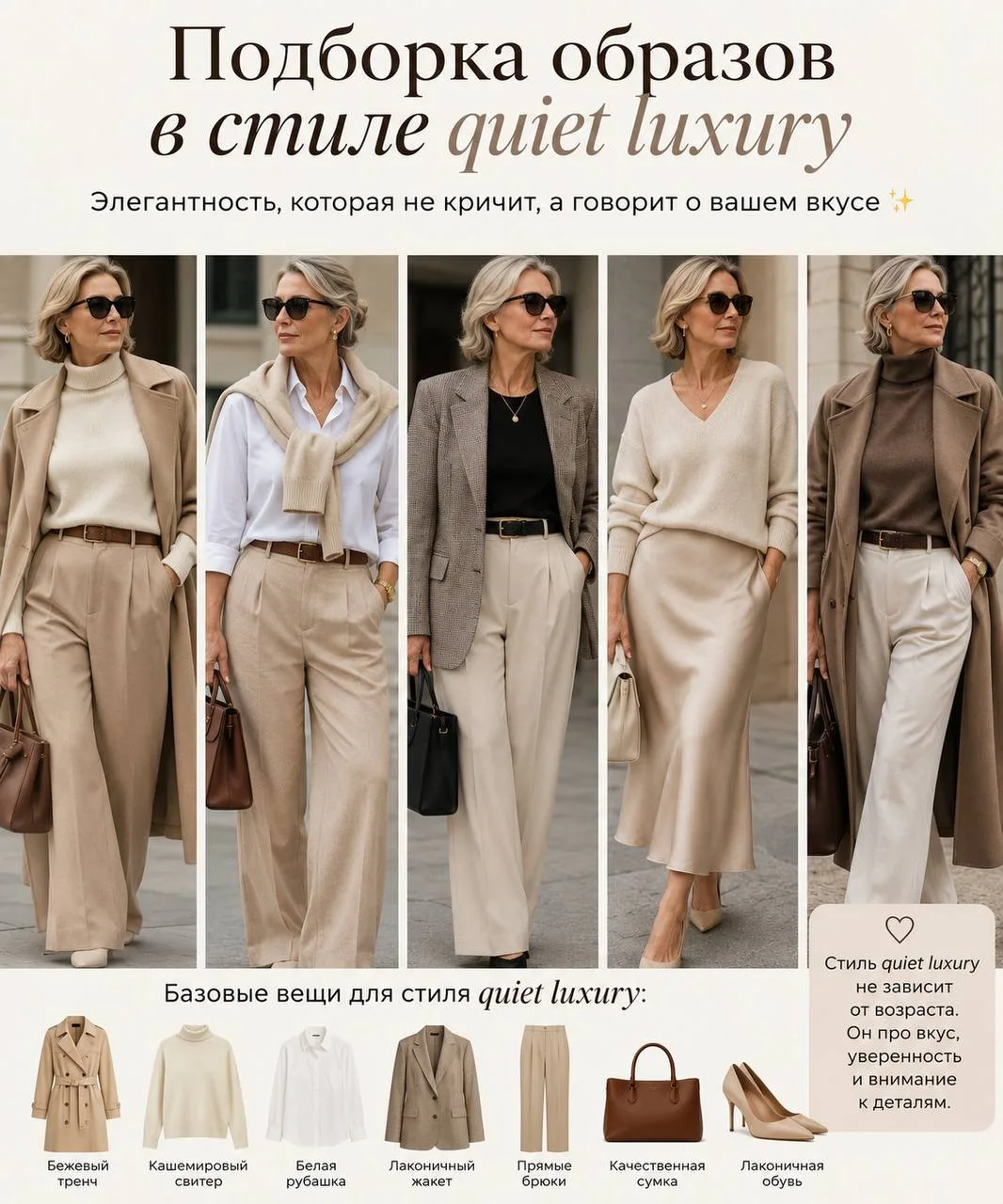 Подборка образов в стиле quiet luxury 🤎