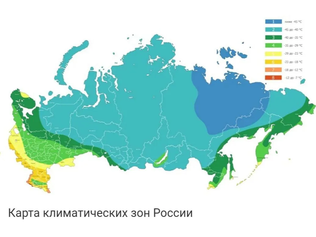 Климатическая карта России: зоны морозостойкости
