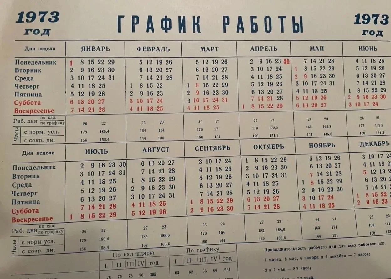 График работы в Сарове на 1973 год. Обратите внимание, никаких новогодних праздников. В...