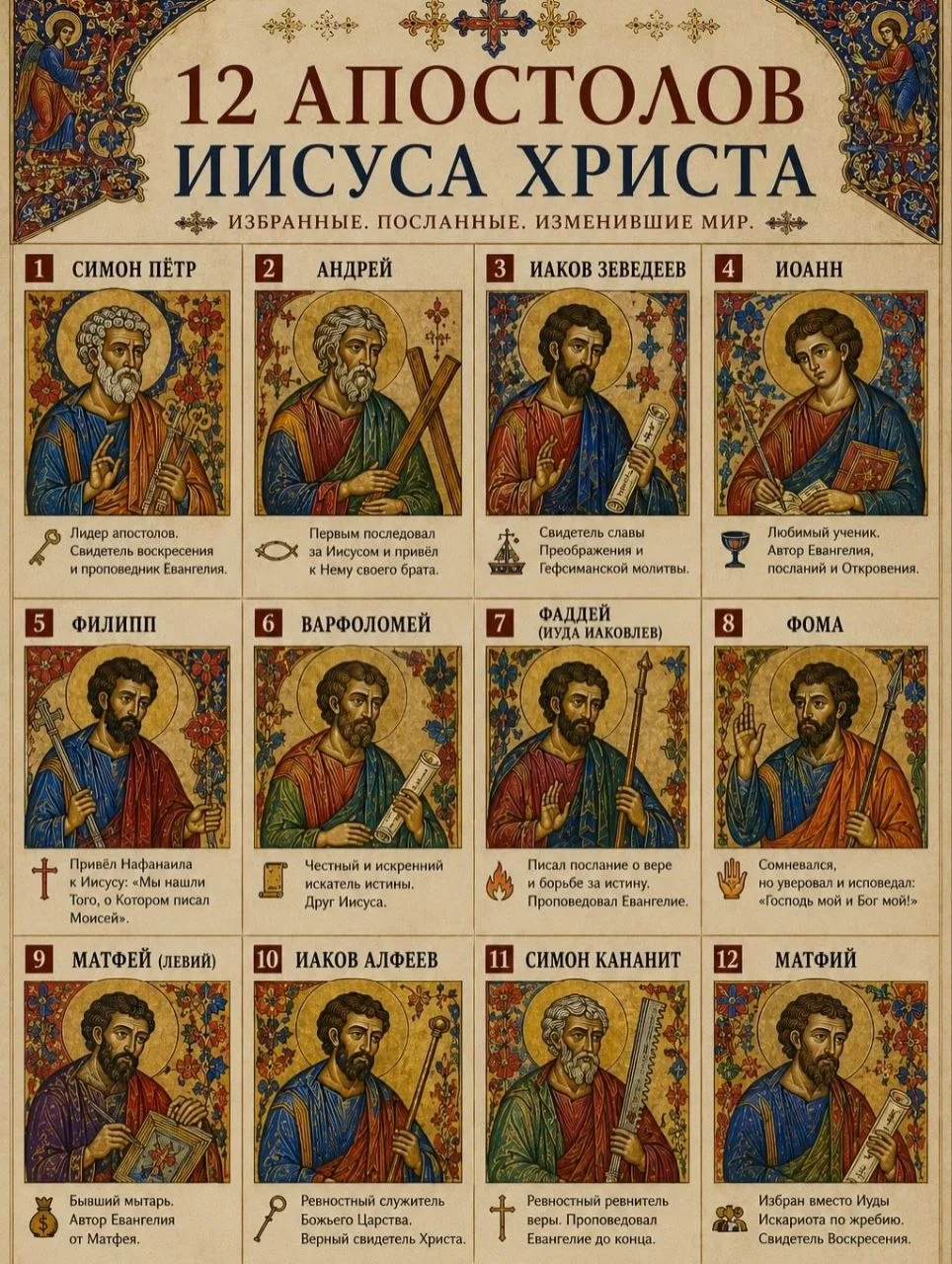 12 апостолов — обычные люди, которых Христос сделал свидетелями Евангелия.