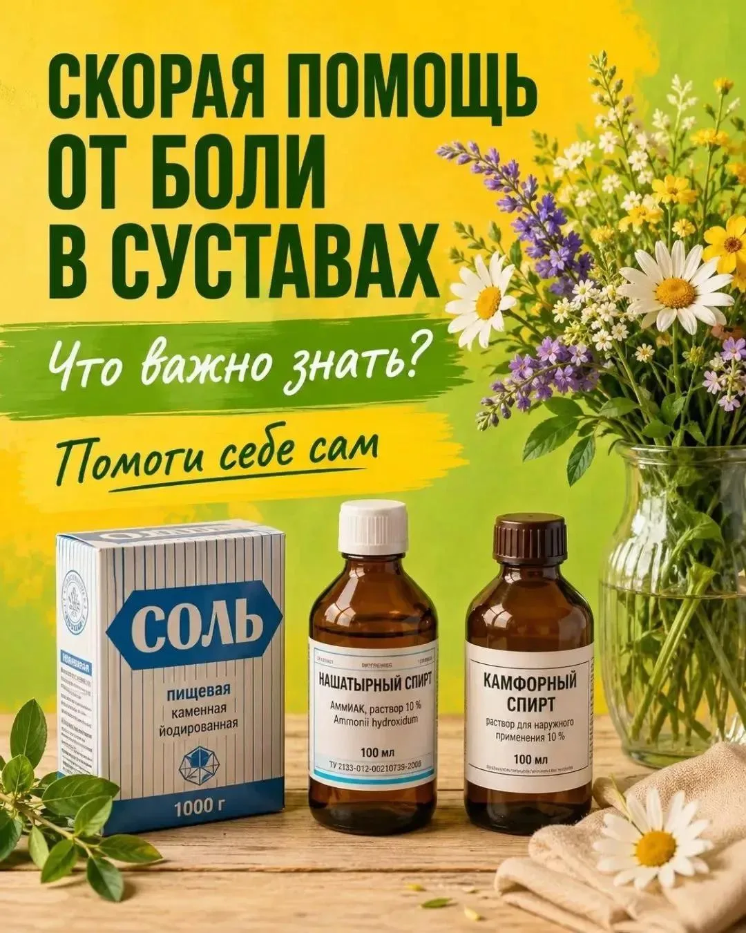 Рецепт согревающего компресса для суставов: солевой раствор с камфорой и нашатырем.