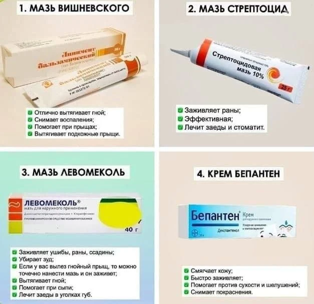 🍶 Незаменимые мази, которые стоит держать в домашней аптечке   1. Мазь Вишневского — вытягивает гной