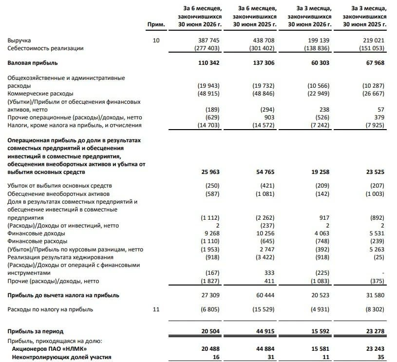 🇷🇺 Отчет: чистая прибыль НЛМК за 1 полугодие 2026 года упала на 54% — до 20,5 млрд рублей

Выручка