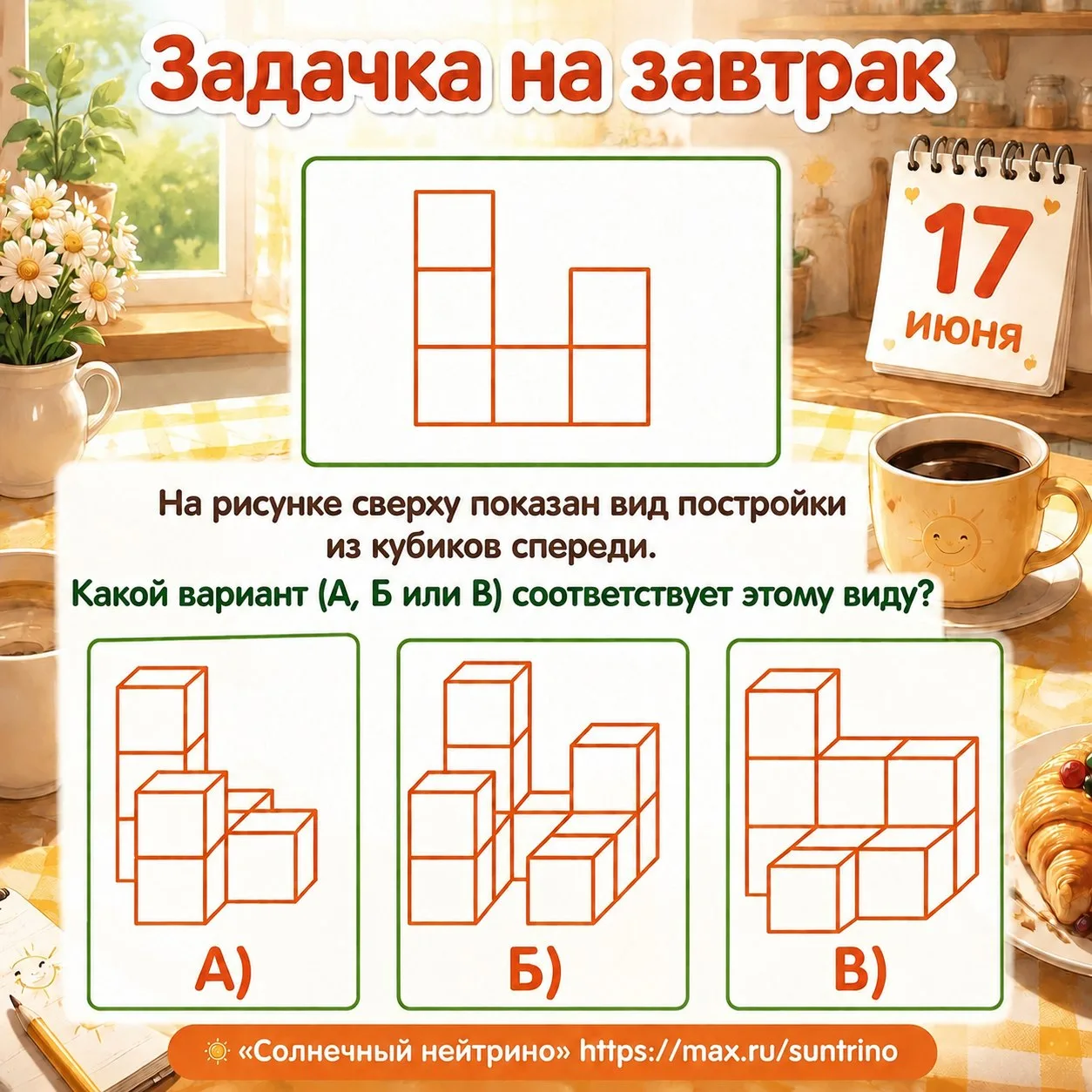 ☀️ Задачка на завтрак ☕️

На рисунке сверху показан вид постройки из кубиков спереди.  

Какой вариа