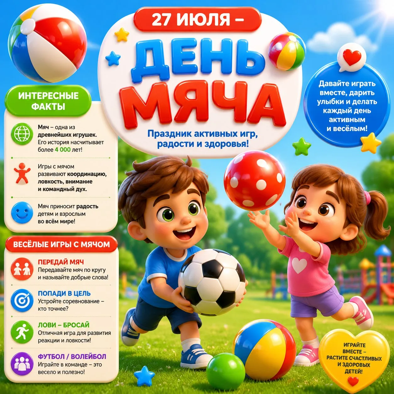 Сегодня, 27 июля,  Международный день МЯЧА. 🎉

Казалось бы, просто резина или кожа. Но на самом дел