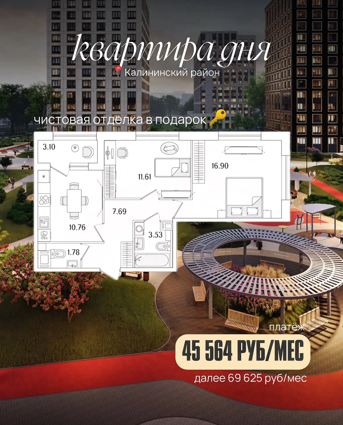 чистовая отделка в подарок 

двухкомнатная квартира с двумя санузлами, угловой спальней — там будет 