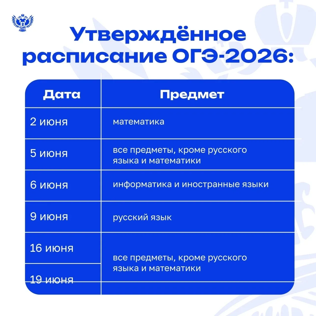 ✅ Утверждены единое расписание и период проведения ОГЭ и ЕГЭ в 2026 году