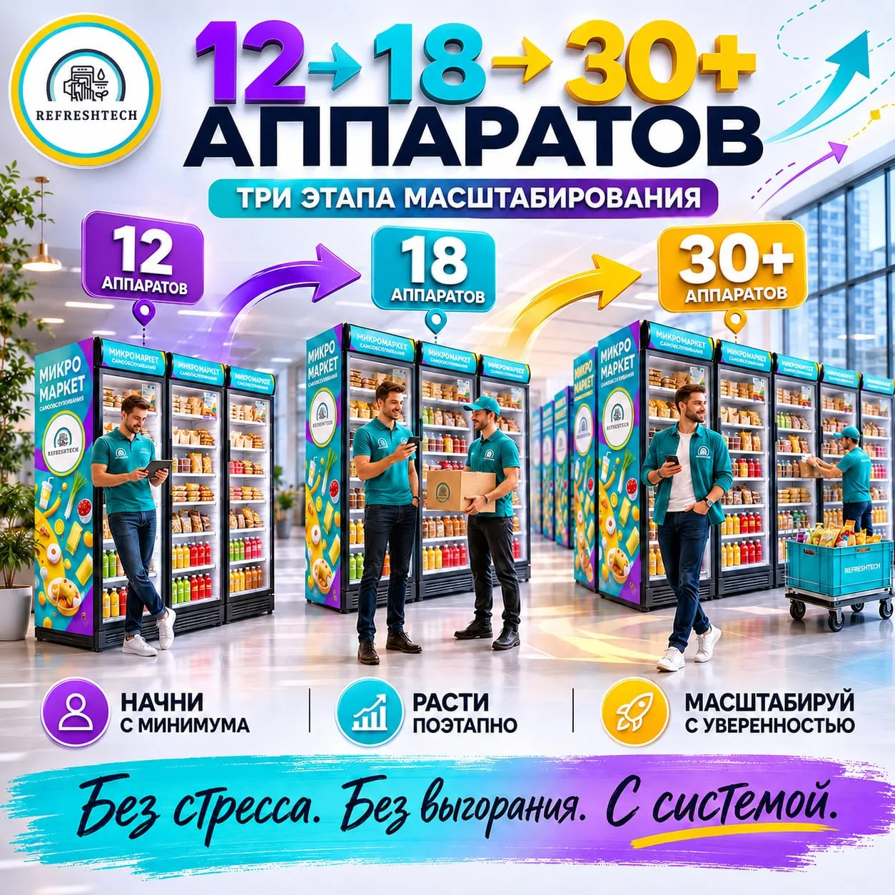 Масштабирование: от 7 до 18 аппаратов за год
🔵Как не сломаться, когда бизнес растёт? 3 этапа масшта