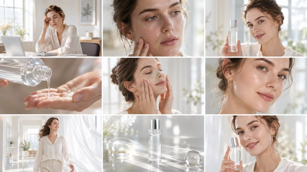 Create a clean, bright skincare commercial storyboard in a 16:9 layout with 9 panels. Use soft natur