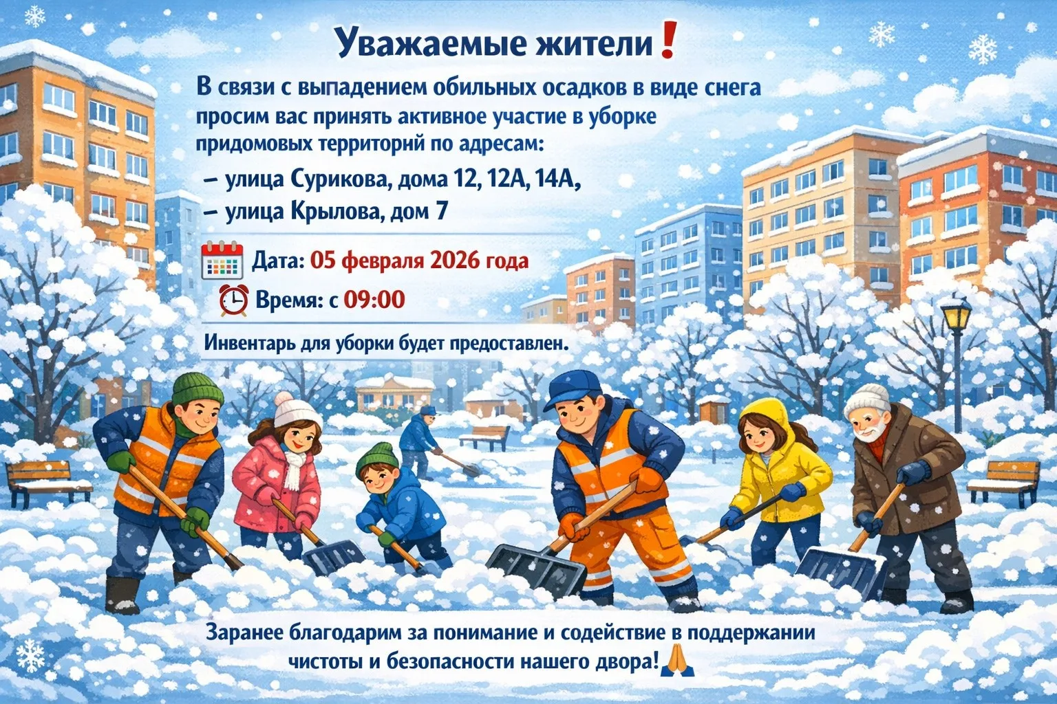 Уважаемые жители! ❗ В связи с прошедшими обильными снегопадами просим вас принять участие в уборке п