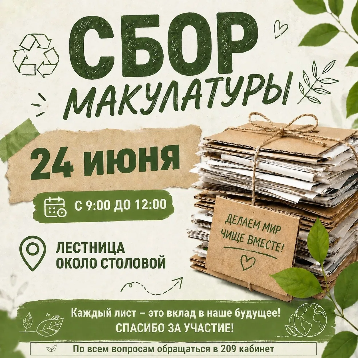 📌 СБОР МАКУЛАТУРЫ — ДЕЛАЕМ МИР ЧИЩЕ ВМЕСТЕ!
Друзья, в эту среду, 24 июня, с 9:00 до 12:00, у нас в 