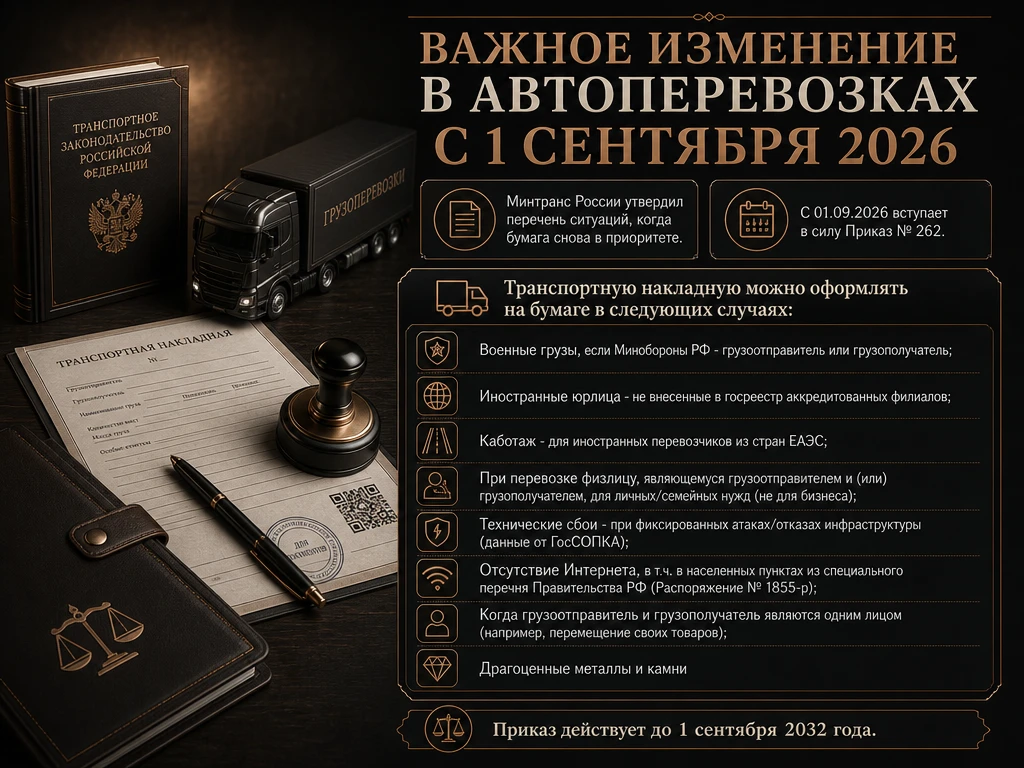 🚛 ВАЖНОЕ ИЗМЕНЕНИЕ В АВТОПЕРЕВОЗКАХ С 1 СЕНТЯБРЯ 2026. 

📄Минтранс России утвердил перечень ситуац