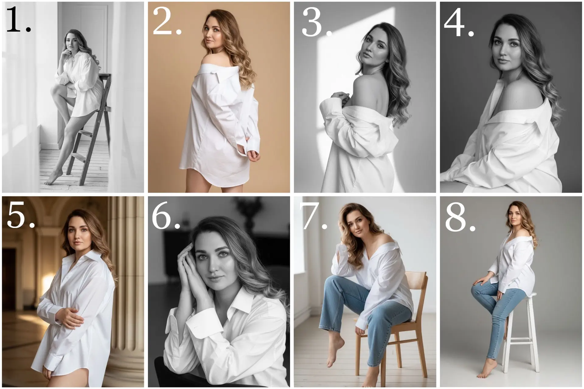 Промты для женской фотосессии «Минимализм в рубашке» 💜