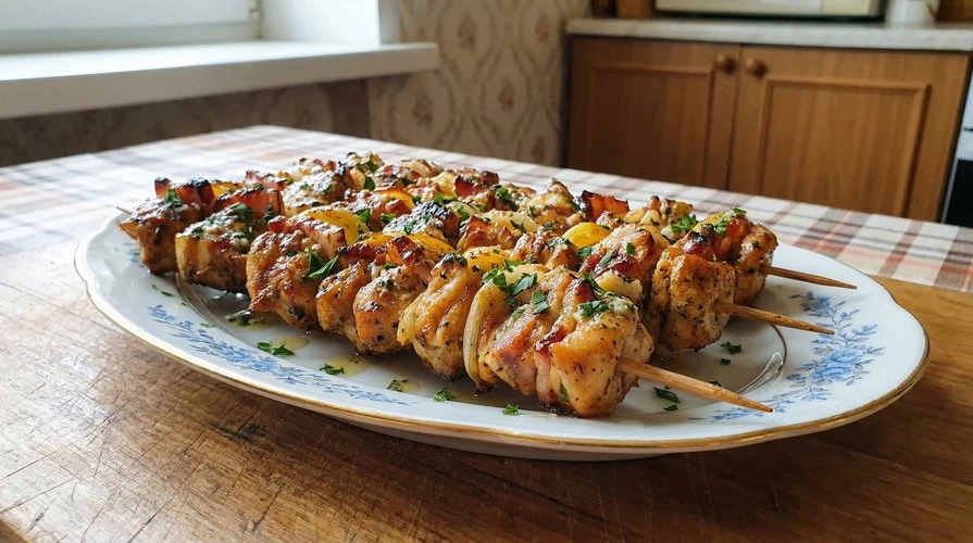 Шашлык в духовке — Сочный, ароматный куриный шашлык на шпажках с пикантным чесночным маслом и пармез