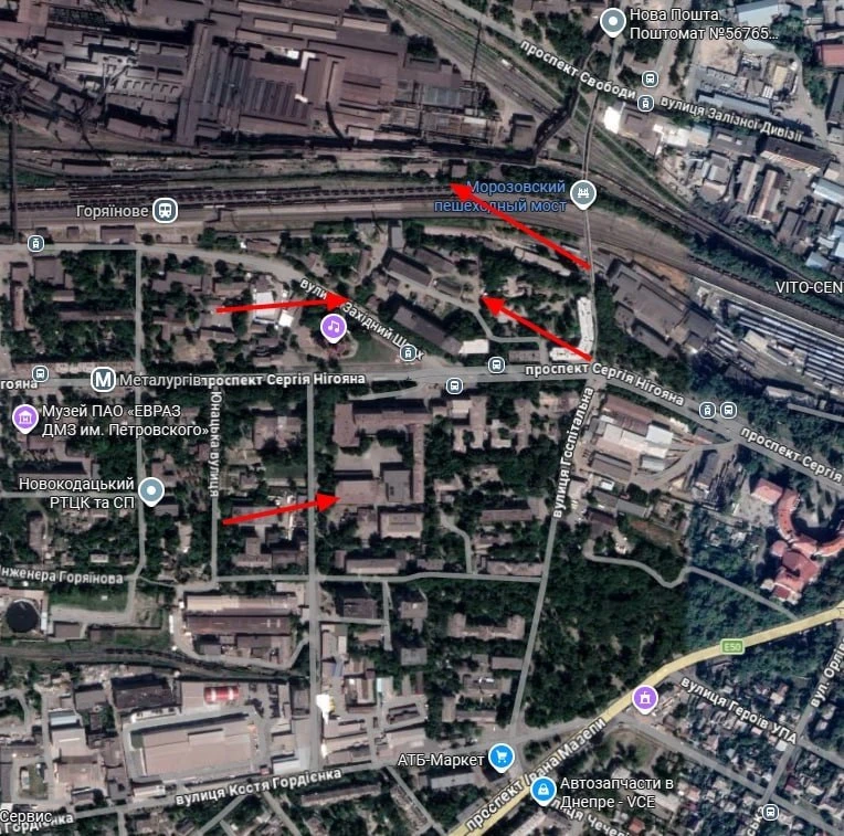 # Спутник 
Анализ спутниковых снимков.

Примерные места ударов в Днепропетровске от 15/06/2026 на об