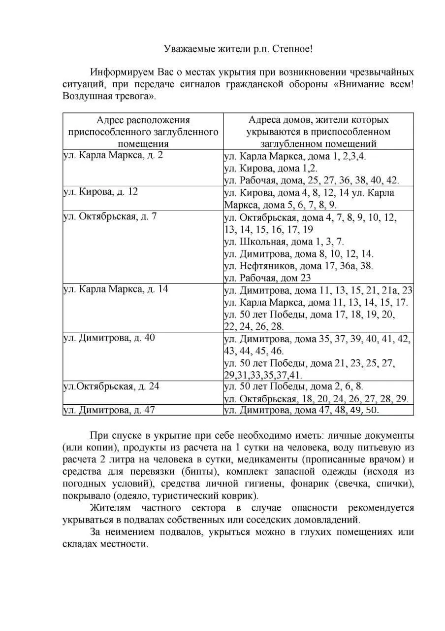 Места укрытия в р.п. Степное