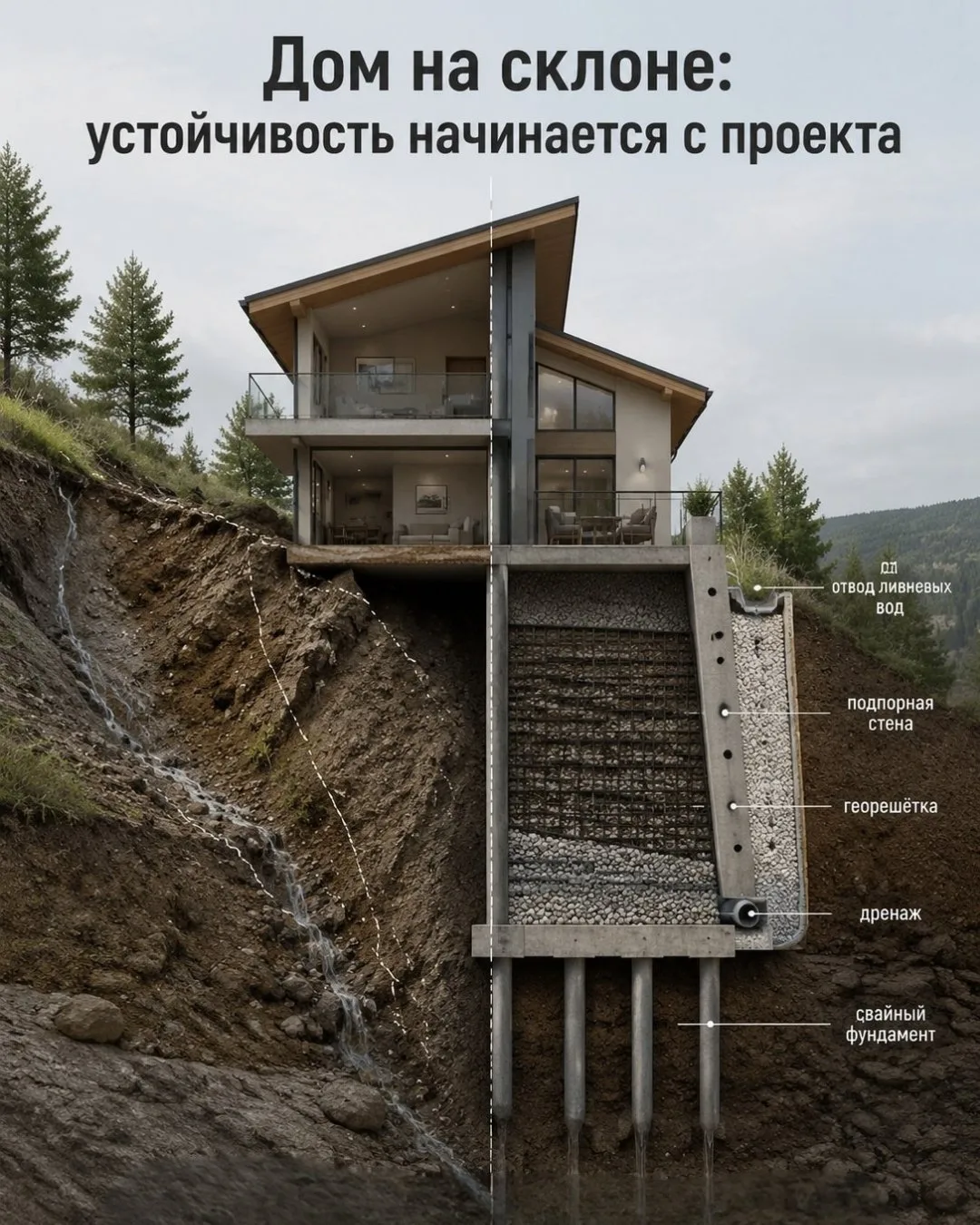 🏠 Строительство на склоне: как сделать дом устойчивым и безопасным.