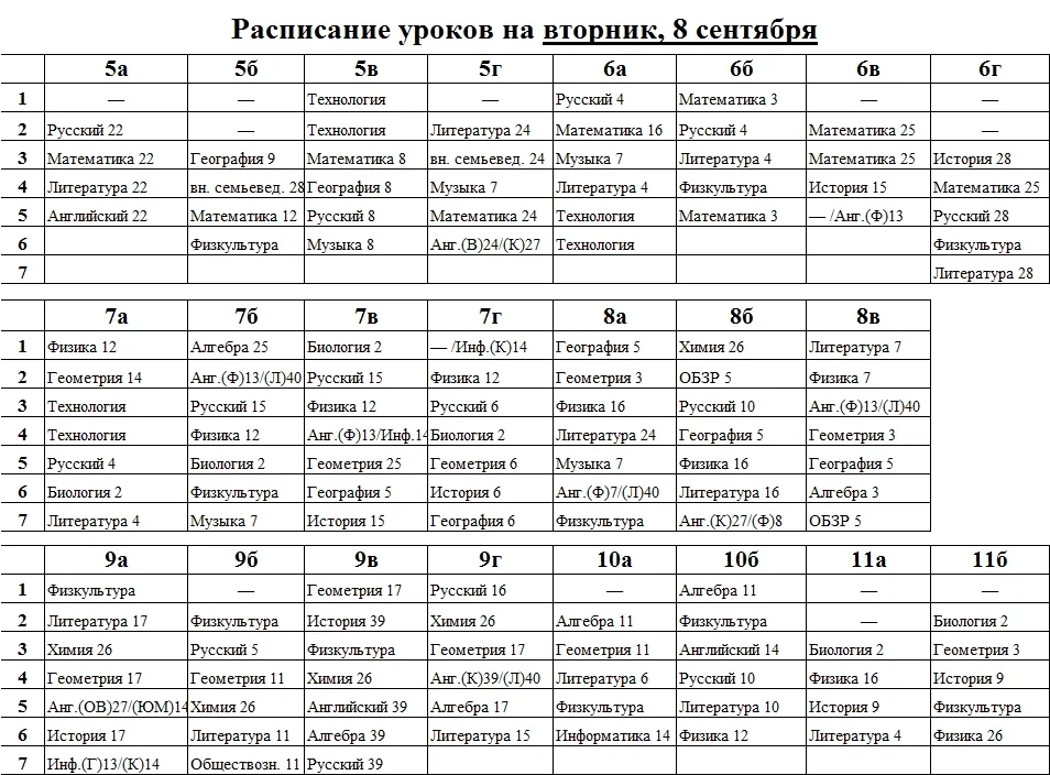 Расписание уроков на вторник, 8 сентября