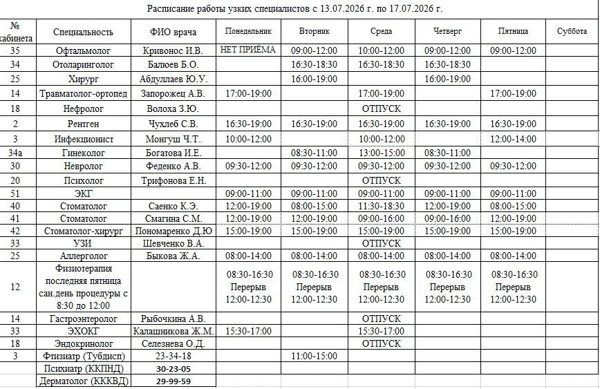 🥼🕐Расписание работы специалистов с 13.07.2026 г. по 17.07.2026 г.