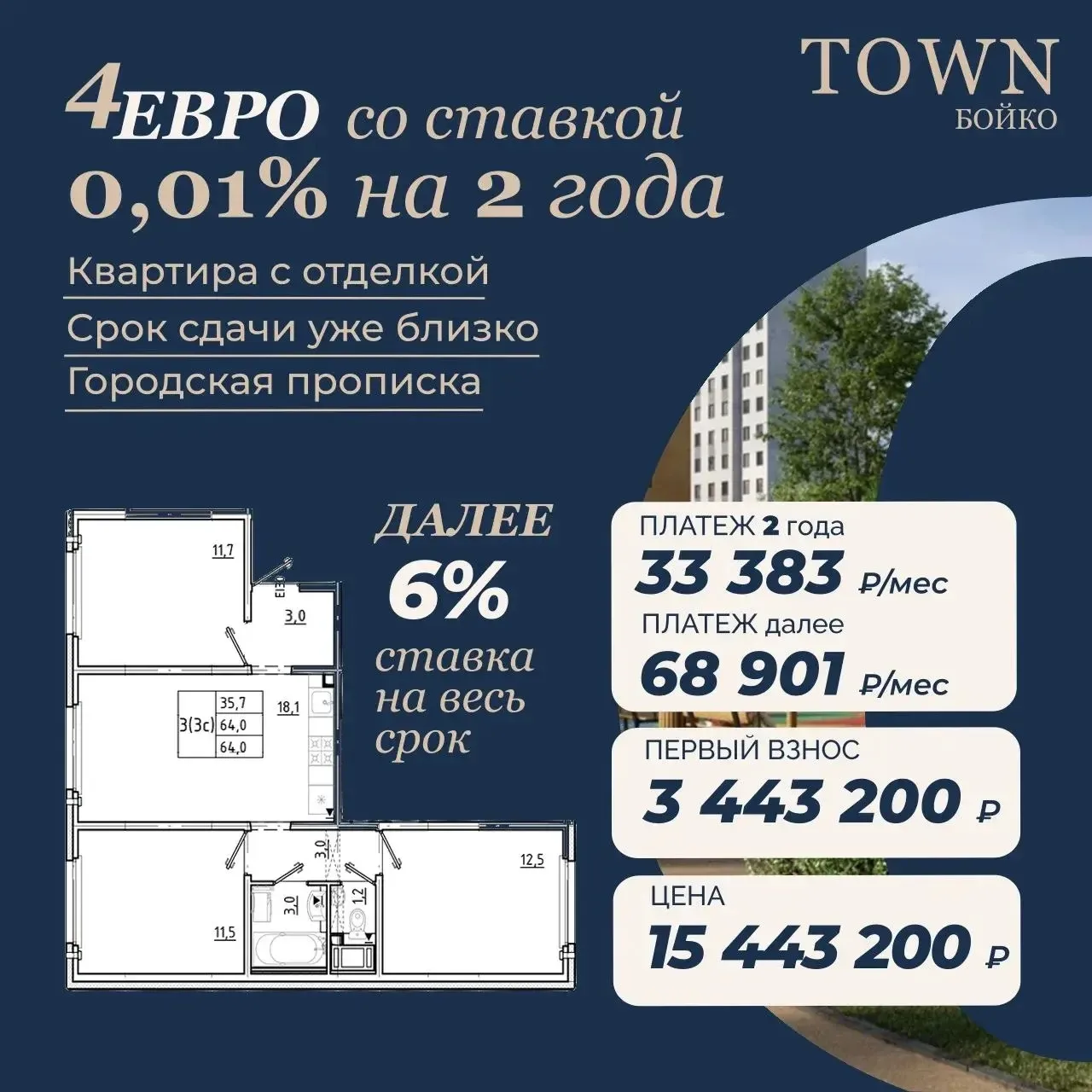 ⚡️Большая 4Е семейная квартира 64 м² — и первые два года ипотека по ставке 0,01%.
