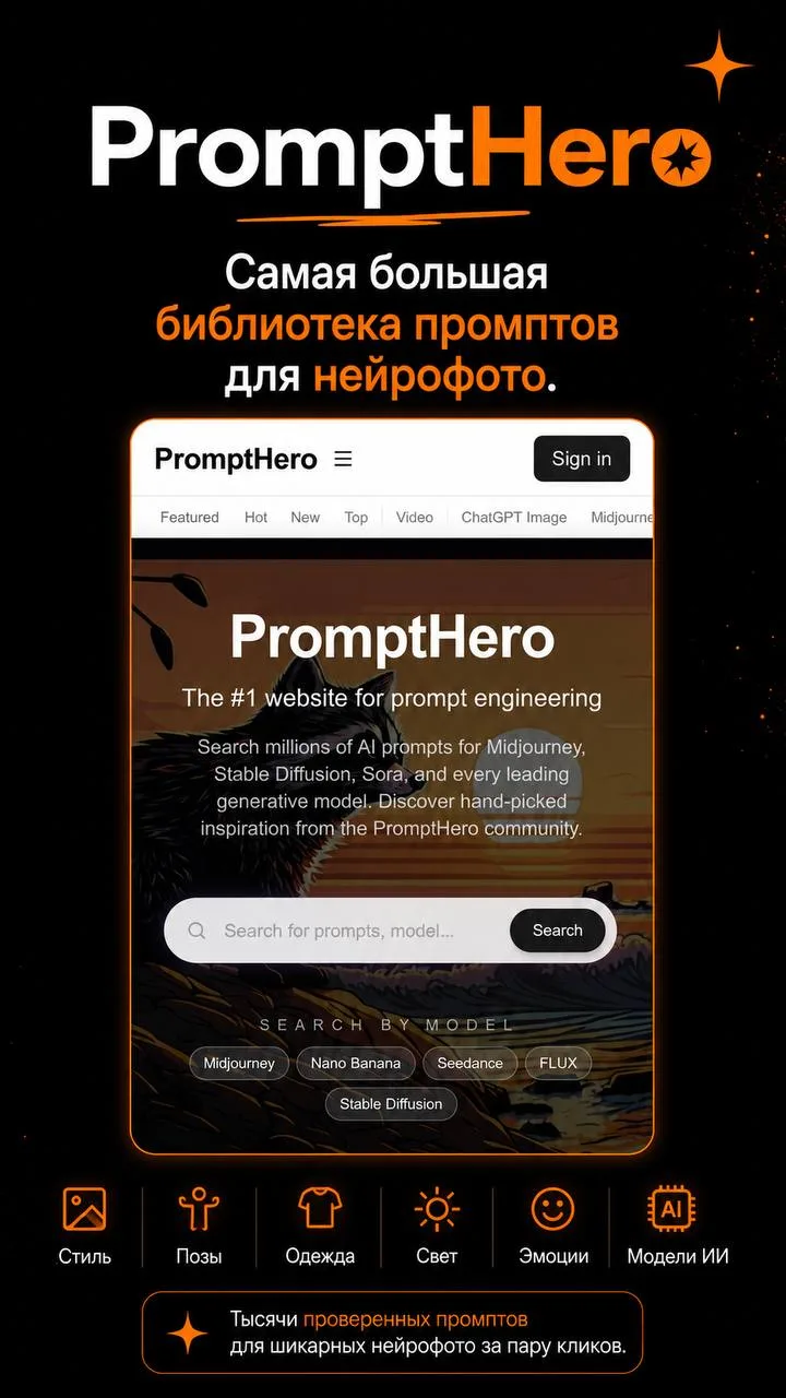 ХВАТИТ ЧАСАМИ ПИСАТЬ ПРОМПТЫ ДЛЯ НЕЙРОФОТО 🤪

Делюсь с вами сайтами, где уже собраны тысячи готовых