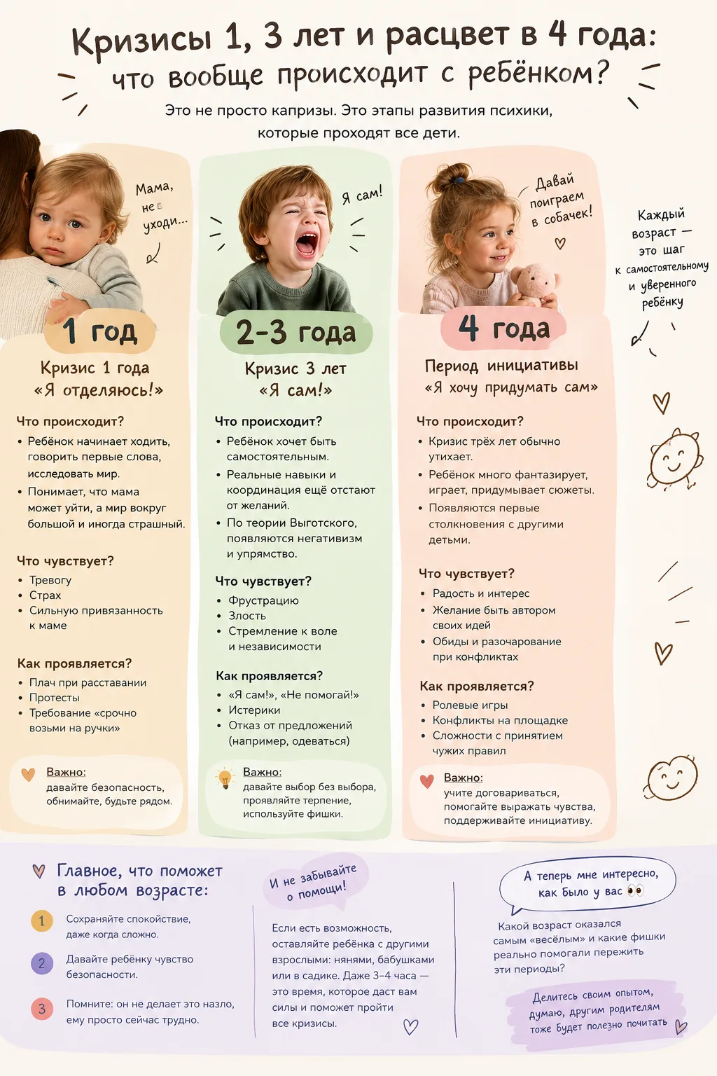 Кризисы 1, 3 лет и расцвет в 4 года: что вообще происходит с ребёнком? 👀