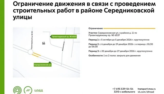 О временном ограничении движения на Середниковской улице в Зеленограде