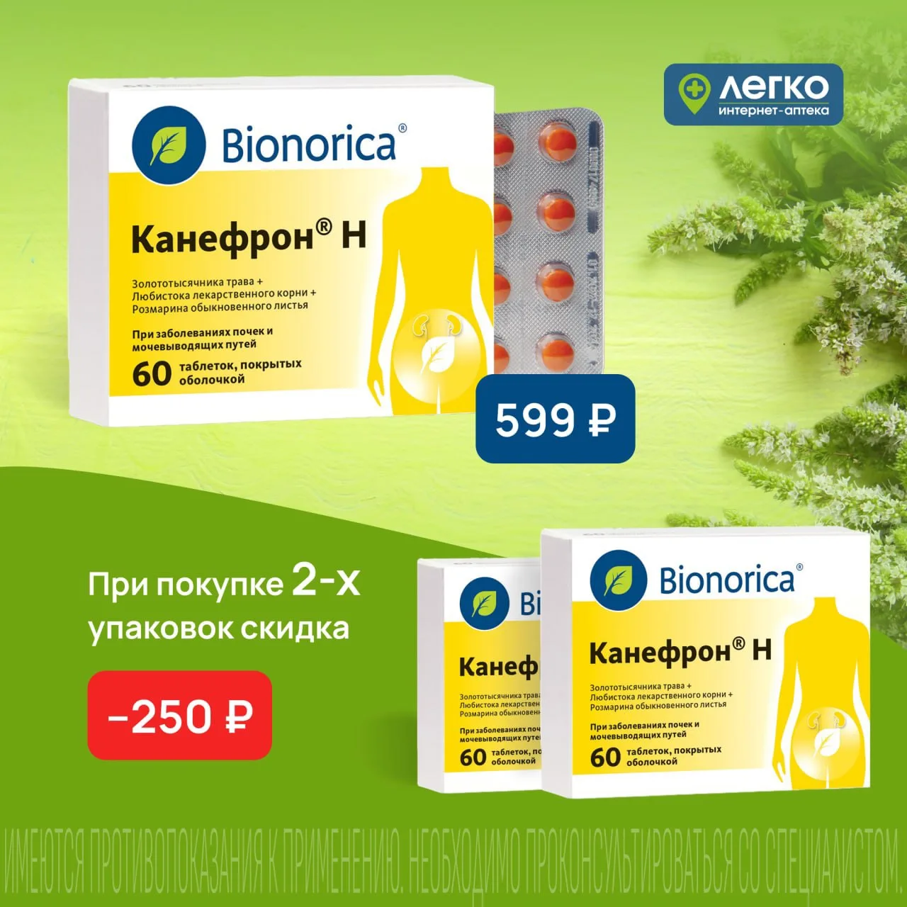 Шок-цена!

✅ Канефрон Н 60 таб — 599₽ 
✅ При покупке двух упаковок: дополнительная скидка -250₽!

Оф