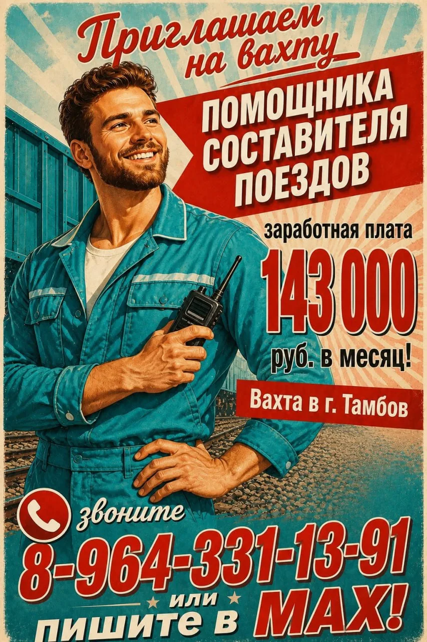 👉Приглашаем на вахту в г. Тамбов 🚂ПОМОЩНИКА СОСТАВИТЕЛЯ ПОЕЗДОВ🚂— заработная плата 143 000 руб.!
