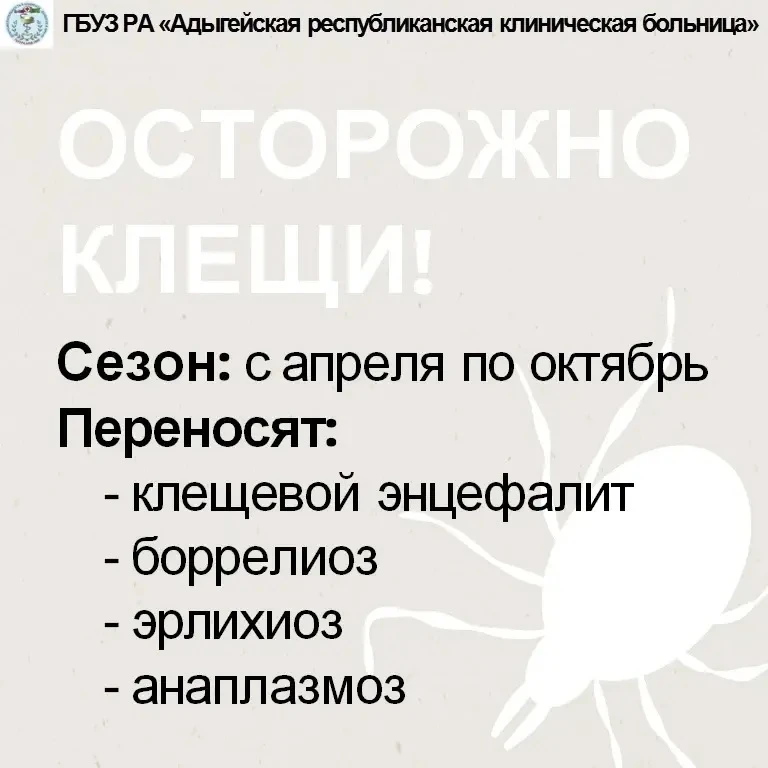 🕷 ОСТОРОЖНО: КЛЕЩИ!

ГБУЗ РА Адыгейская республиканская клиническая больница напоминает: с апреля п