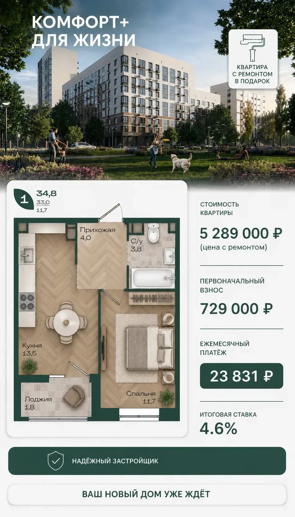 Комфорт+ для жизни 

✨ Однокомнатная квартира с современным ремонтом в подарок  
💰 Стоимость — 5 28