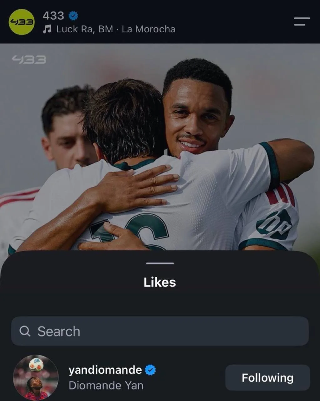 📲 Ян Диоманде лайкнул пост о победе «Реал Мадрида» от 433 в IG. 👀

@go_realmadrid