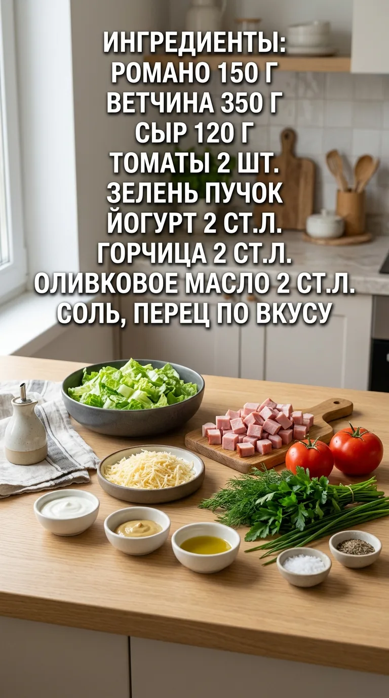Салат с ветчиной и сыром

Ингредиенты:
Романо — 150 г
Ветчина — 350 г
Сыр — 120 г
Томаты — 2 шт.
Зел