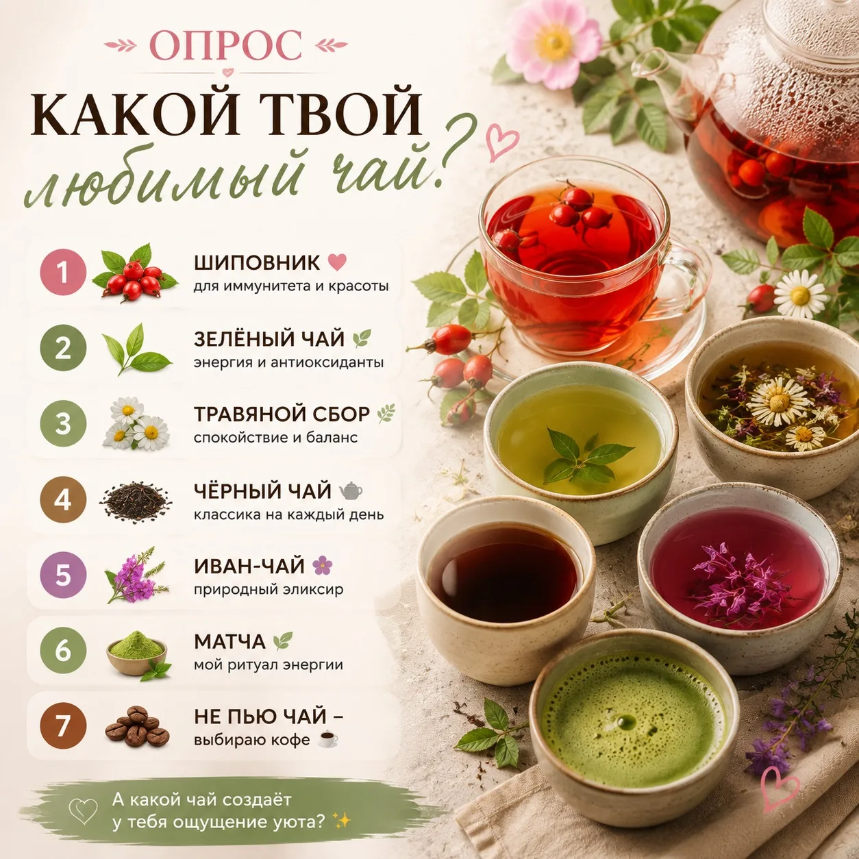 🌿 ОПРОС: КАКОЙ ТВОЙ ЛЮБИМЫЙ ЧАЙ? ☕️